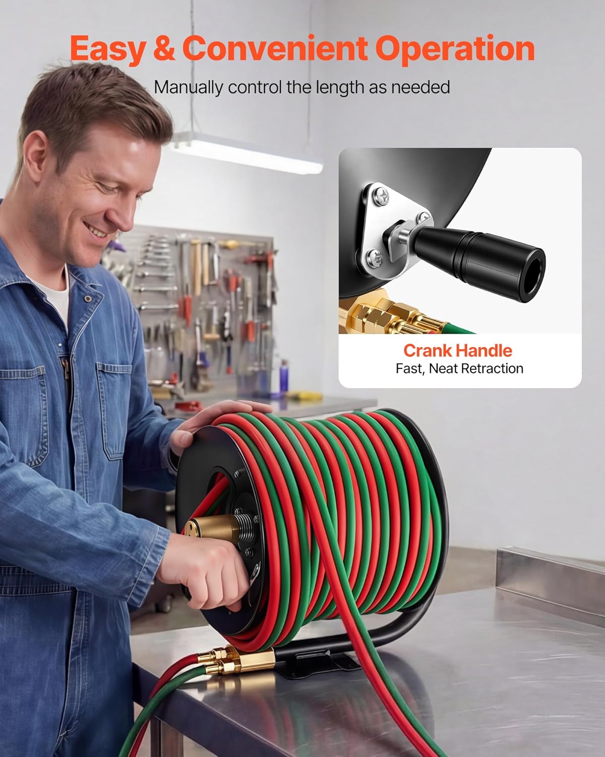 VEVOR Retractable Welding Hose Reel, Hand Crank Manual Rewind Hose Reel with 1/4 Inch x 100FT Twin Oxygen Acetylene Rubber Hose Max 300PSI - T Grade, Ceiling/Wall Mount Steel Reel for Workshop Garages