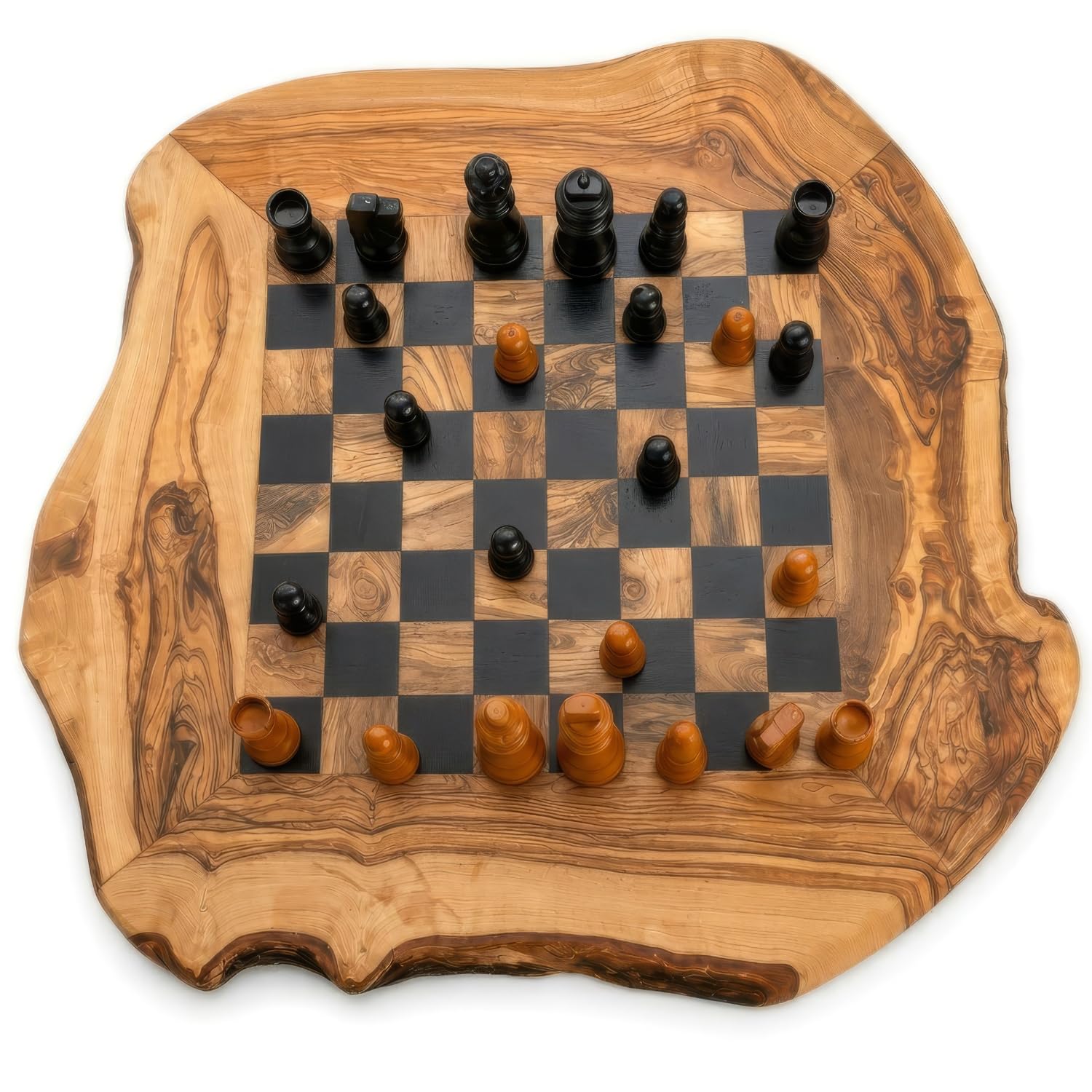 Schachbrett aus Olivenholz Handgefertigt mit Naturkante – Rustikales Schachspiel, Mediterran, Unikat, Geschenkidee (Schwarz, 40×40×2 cm)