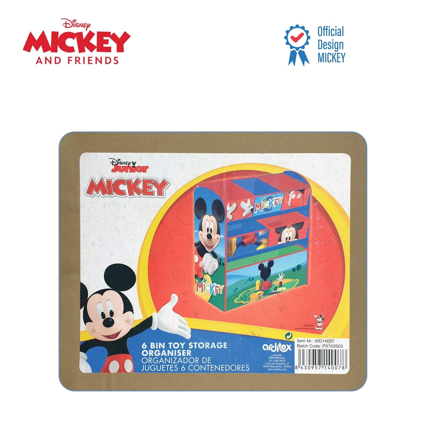 ARDITEX WD14007 Organizador de Madera (62x30x60cm) con 6 cestos Textiles de Almacenamiento de Disney-Mickey