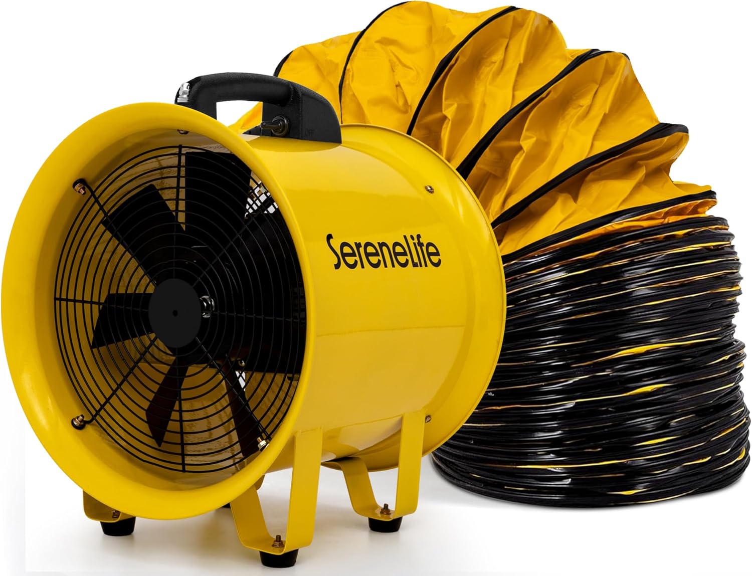 SereneLife Heavy Duty Cylinder Fan 12 inch,Blower Fan with 3200 CFM Airflow, 25ft PVC Ducting, Industrial Exhaust for Warehouses, Workshops, Crawl Spaces, & Basements, Smoke & Odor Removal