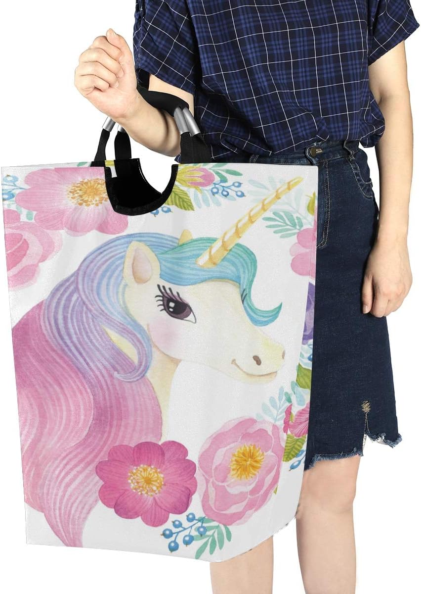 senya Large Storage Basket Collapsible Organizer Bin Laundry Hamper for Nursery Clothes Toys, Unicorn Head in Flowers