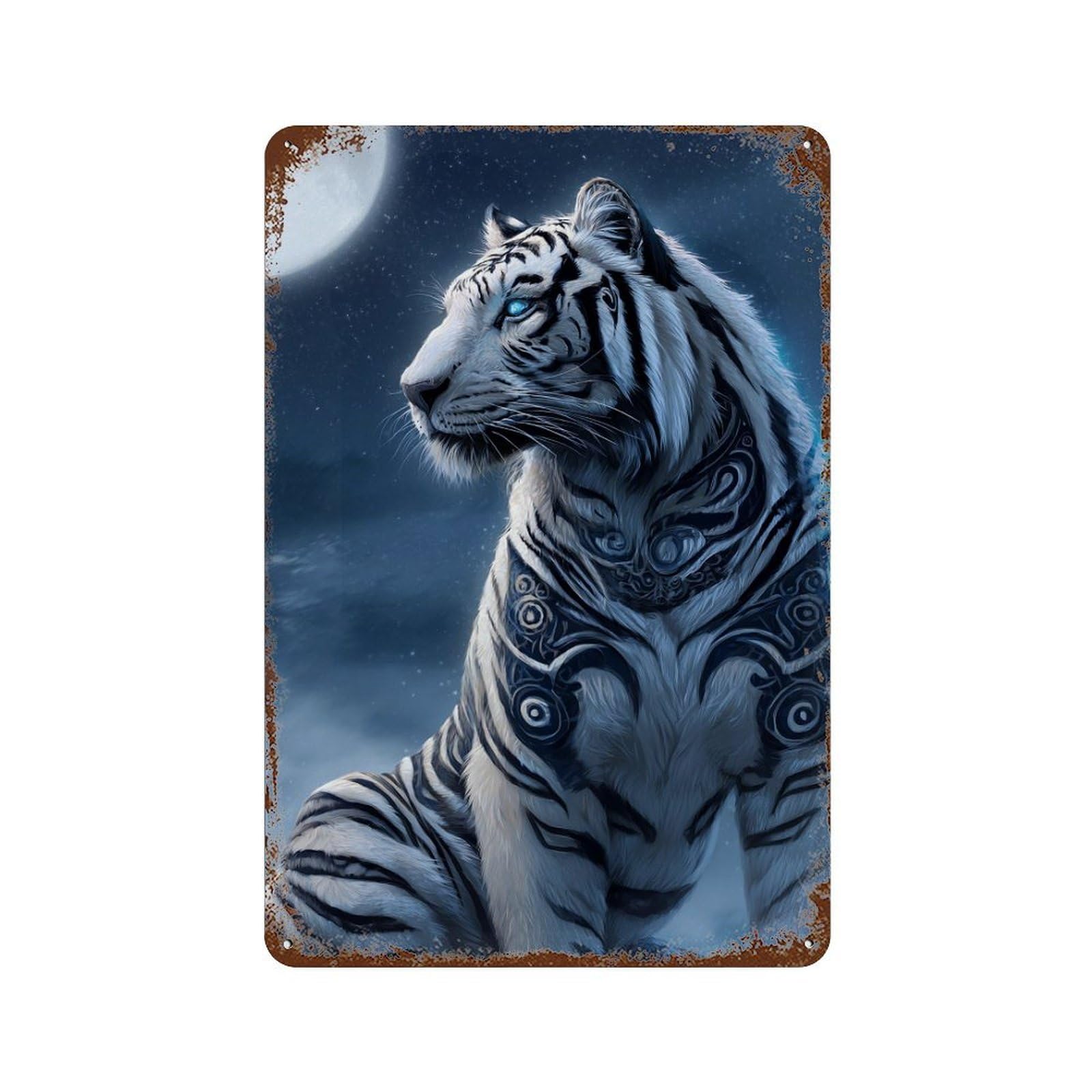 White Tiger Moonlit Fantasy -1 Rusty Metal Tin Sign 11.8"x7.9", Shabby Chic Decor for Garage, Bar And Workshop Decor