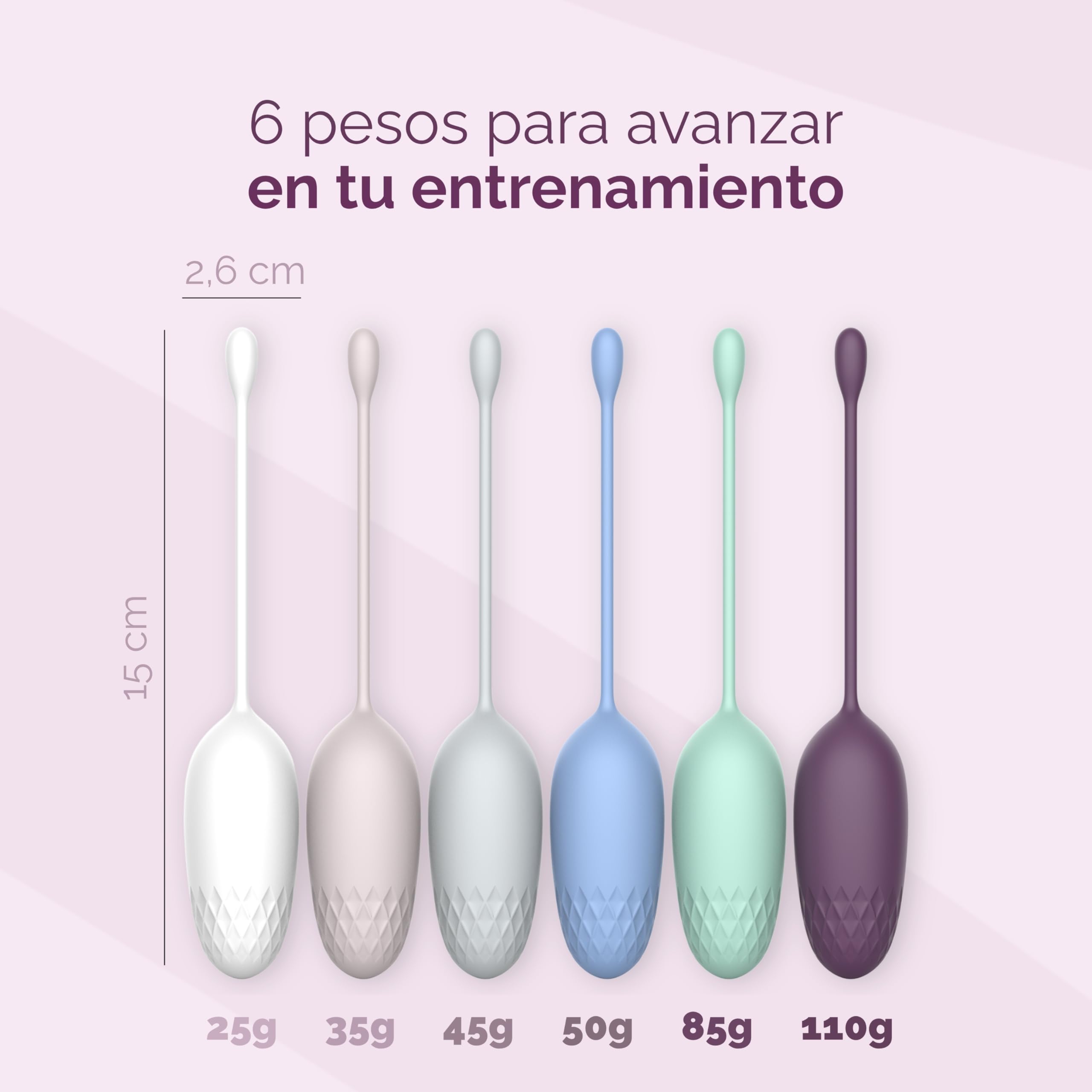 Livella | Bolas Chinas para fortalecer el suelo pélvico - 6 Pesos (25-110 g) - Entrenador de suelo pélvico para mujer de silicona médica, con cordón, para ejercicios Kegel, posparto y uso cómodo fácil