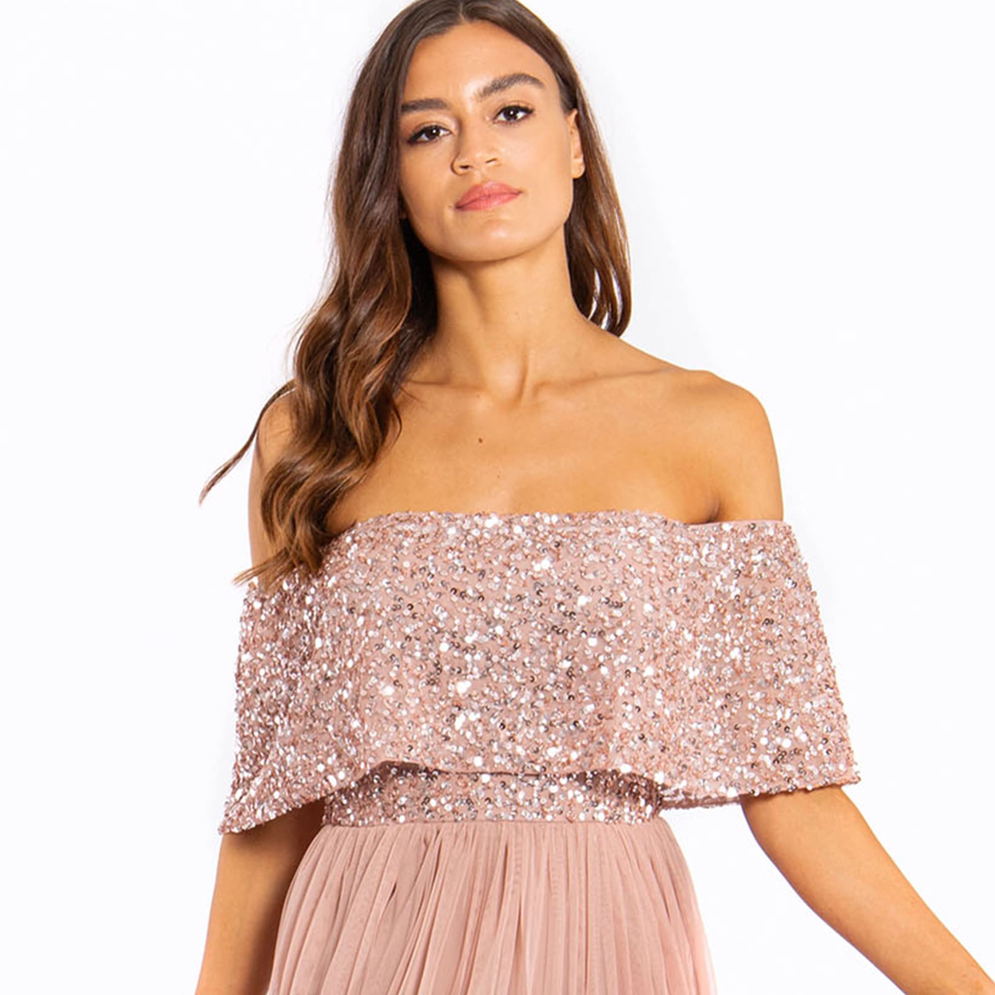 Maya Deluxe Miękka szara sukienka bardot Embellished Maxi dla druhny, kobiety