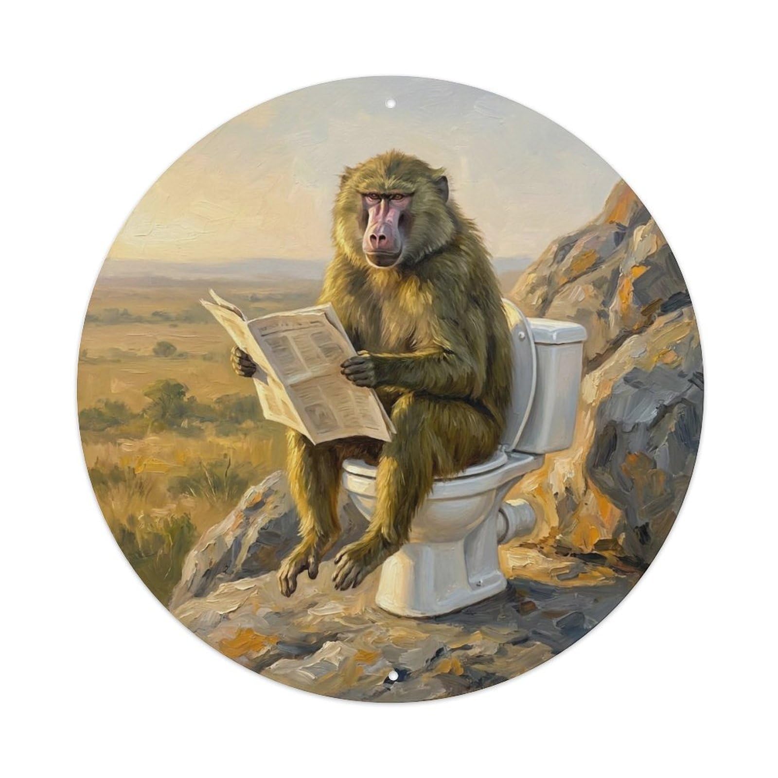 Baboon On Toilet Humorous Bathroom Rock Kopje Morning Metal Tin Sign