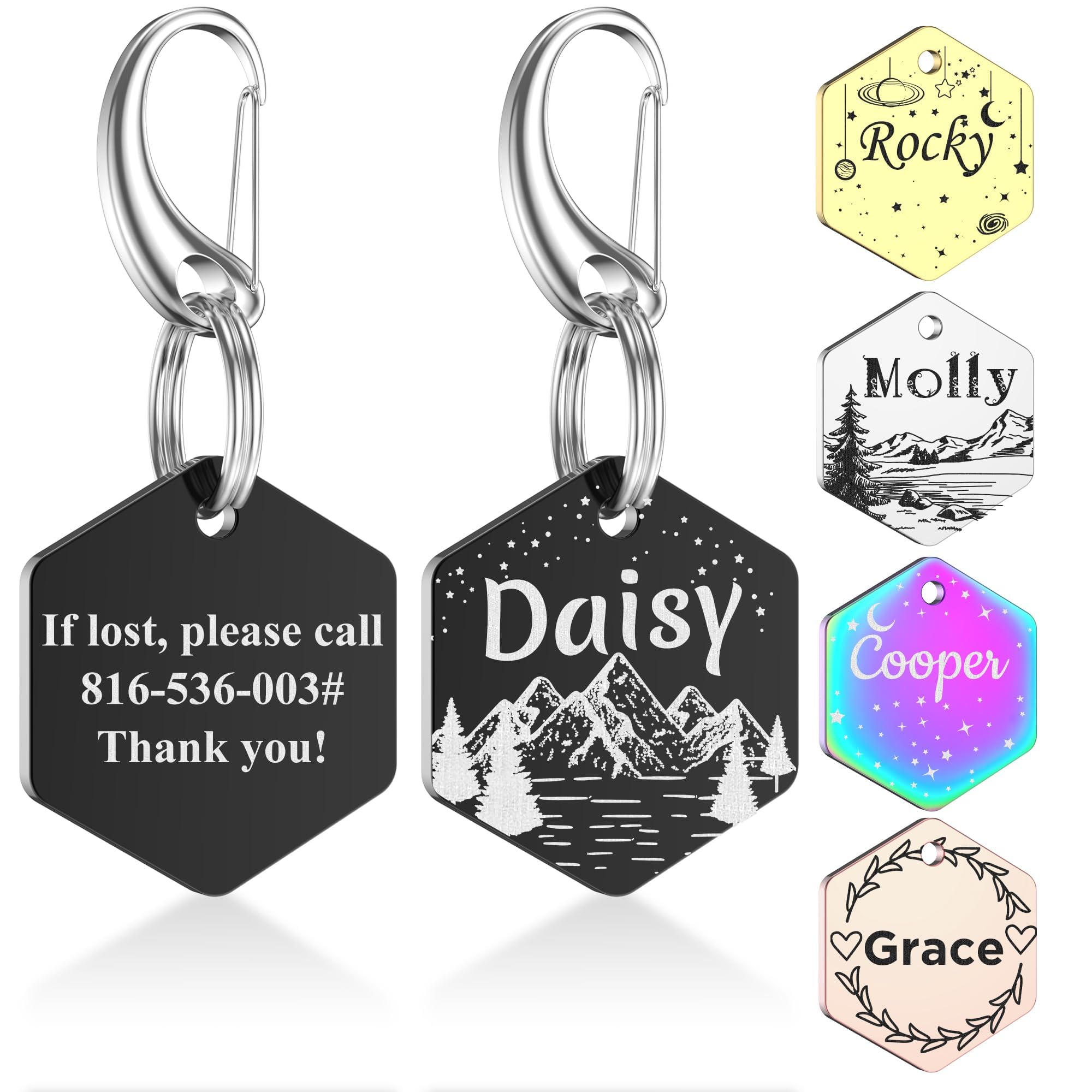 Pet Tag Dog Tags Engraved - Stainless Steel Dog Name Tag - Personalized Dog Cat Tag Double Sided Engraving - Custom Dog Tags with 9 Designs,Hexagon