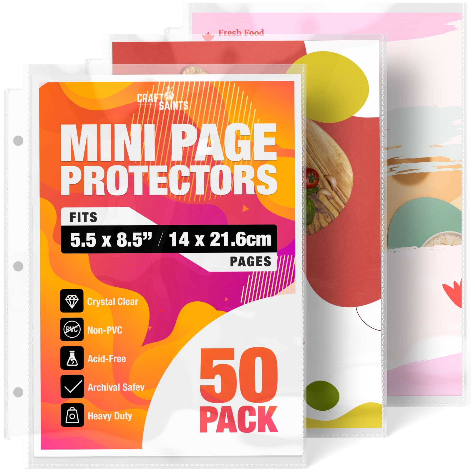 Half Letter 8.5x5.5’’ Pack of 50 Heavy Duty Page Sleeve Protectors for Mini 3-Ring Binders, Top Loading Crystal Clear & Archival Safe Refill Sheets,