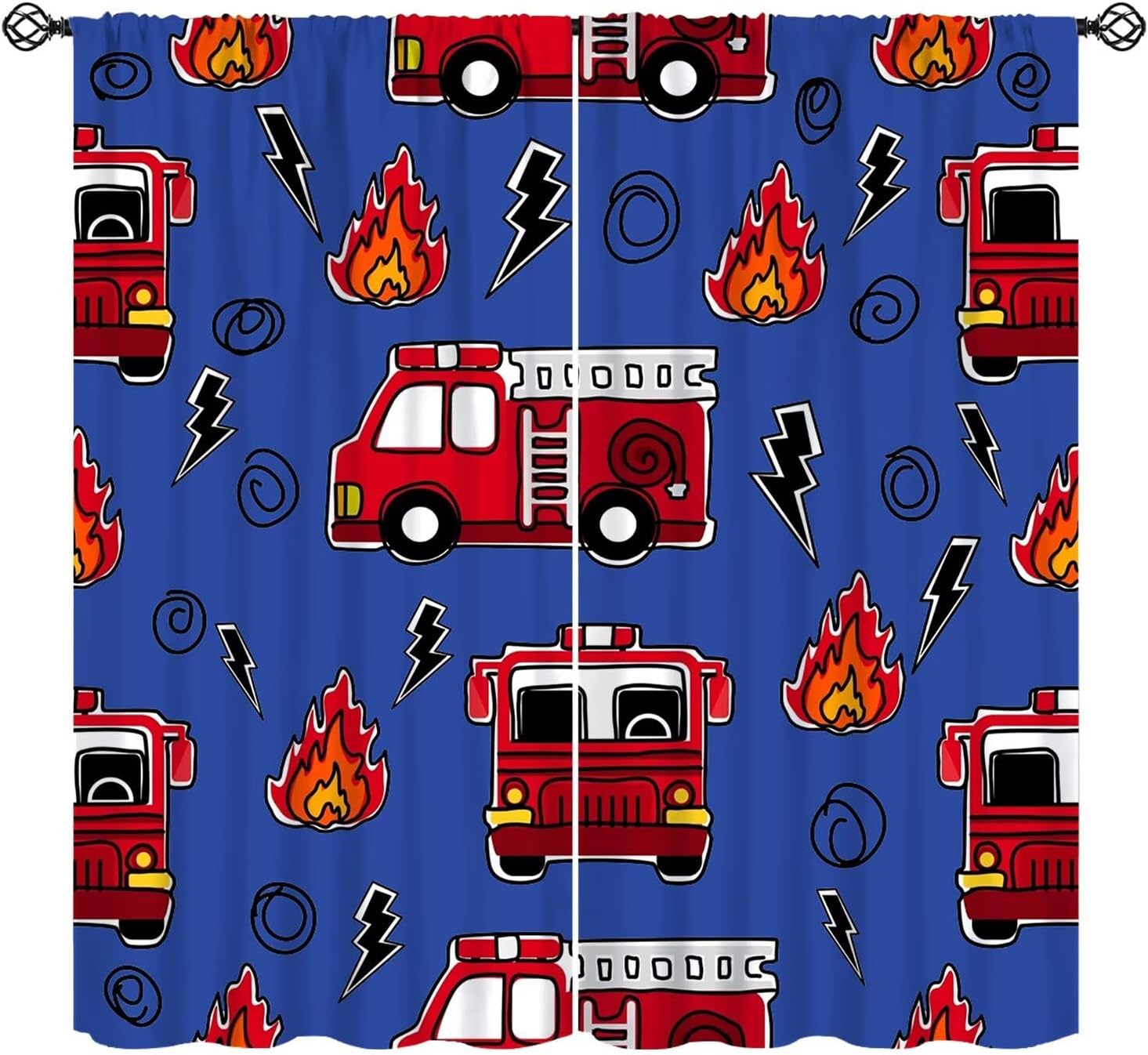Fire Truck Curtains Boys Bedroom,Blue Red Fire Engine Cartoon Car Theme Blackout Rod Pocket Window Treatments for Kids Baby Toddler Children Playroom Living Nursery Drapes 72" W X 63" L