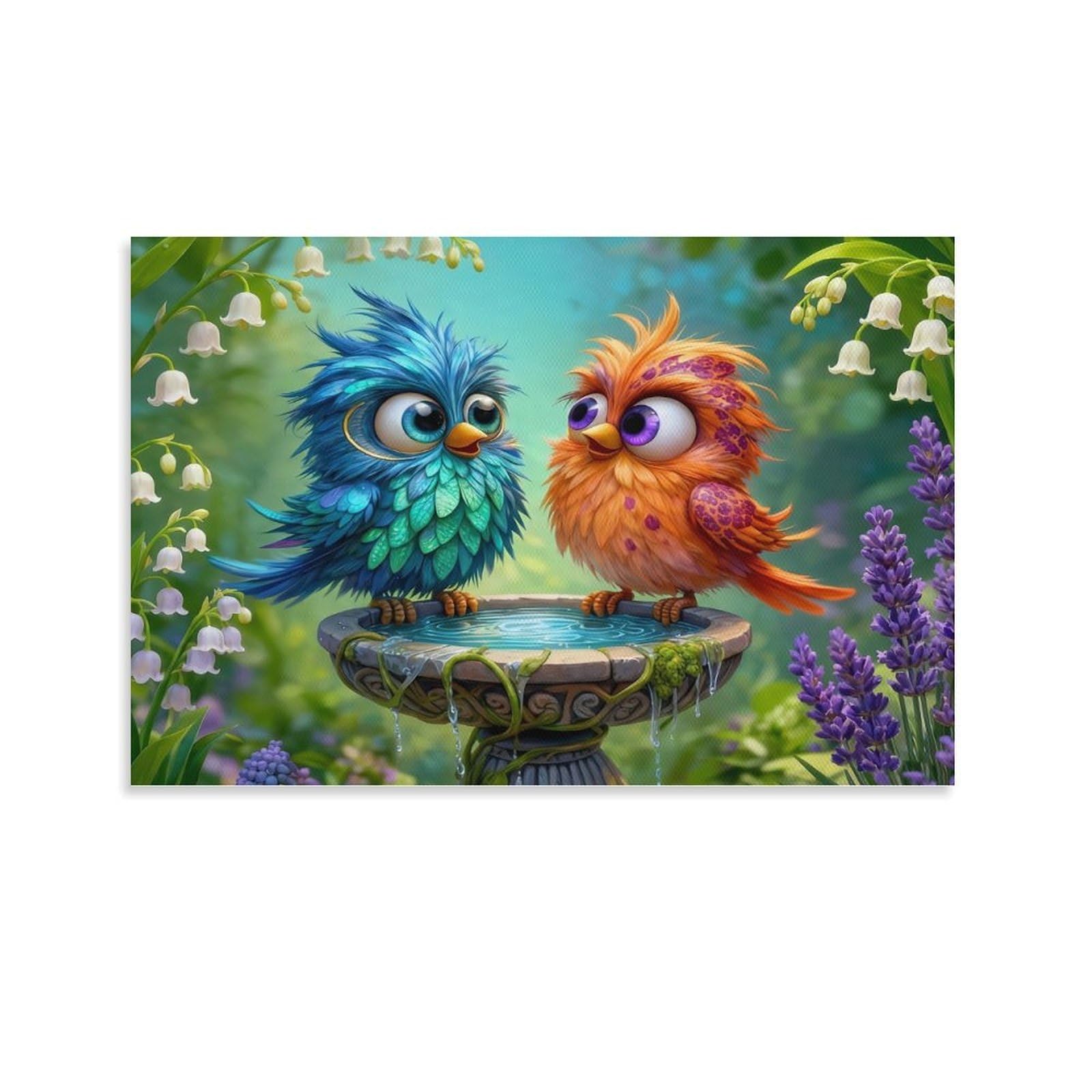 CPLVKWRQJ Cute Bird Couple Single Piece Two Colorful Birds Floral Birdbath Canvas Wall Decor - Office Canvas Print Fade Resistant Wall Focal Art Decor 20x30inch(50x75cm)