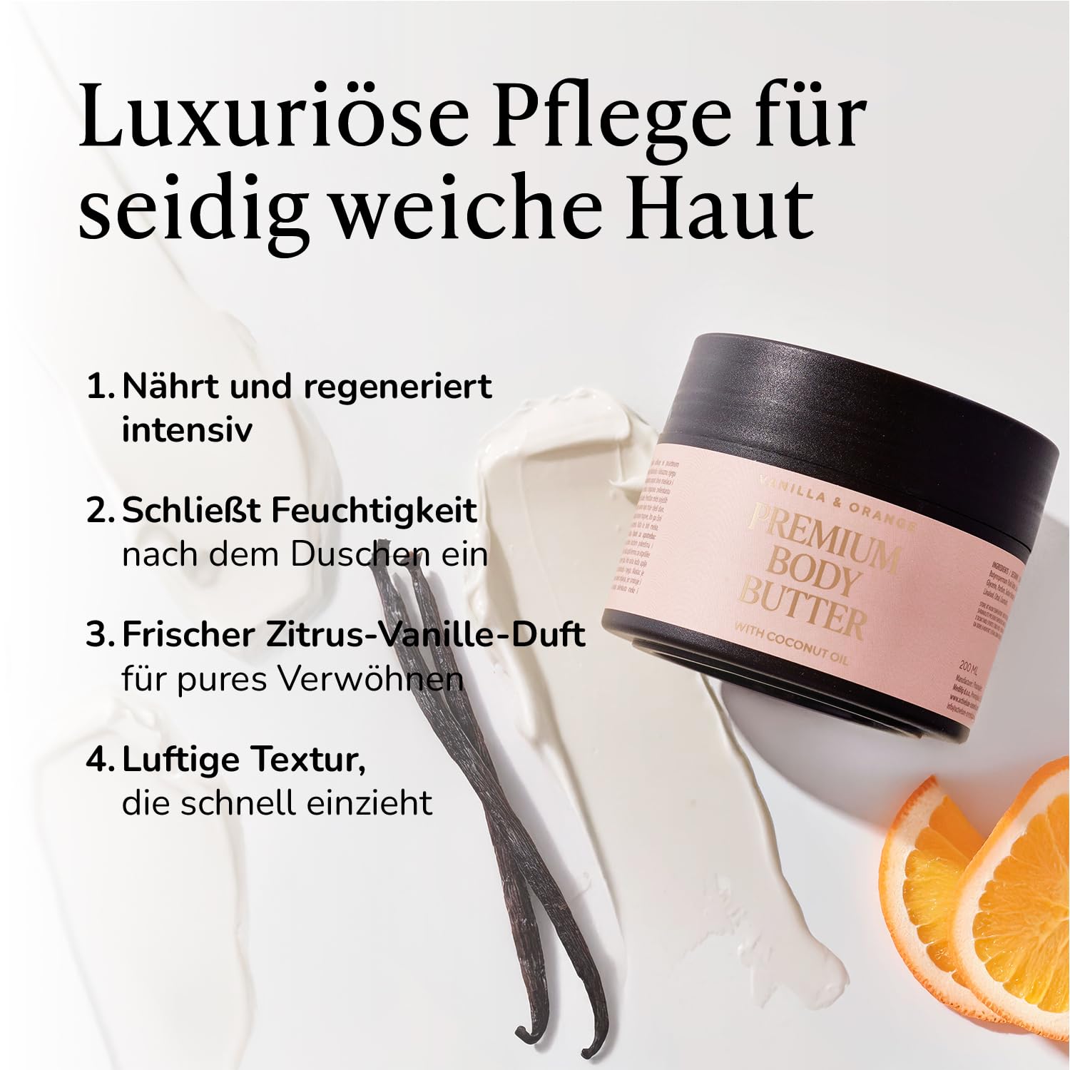 Active Luxe Premium Body Butter, 200 ml | Intensive Feuchtigkeit, Kokosöl, Sheabutter & Mandelöl, Duft von Orange und Vanille, Für trockene Haut