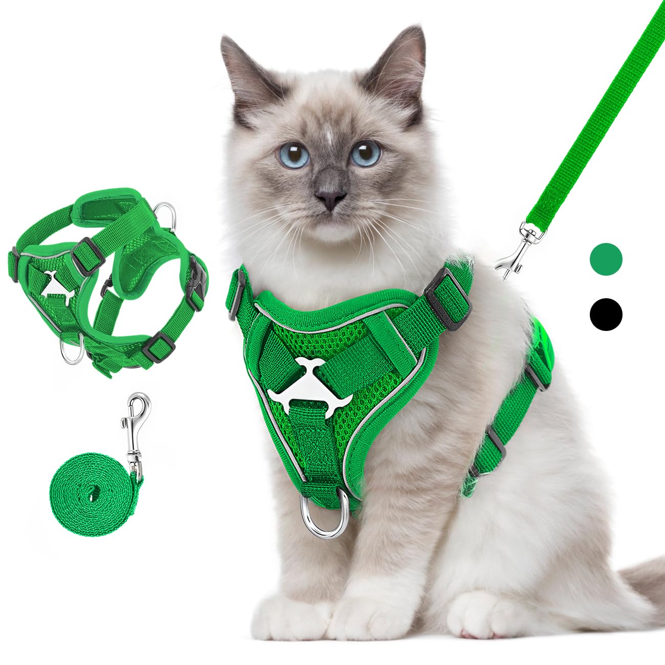 VavoPaw Pettorina per Cani con Guinzaglio da 1,5M, Imbracatura per Gatti Antifuga con Rete Traspirante e Strisce Riflettenti, Gilet Morbido e Regolabile per Cani Gatti, M, Verde Medio