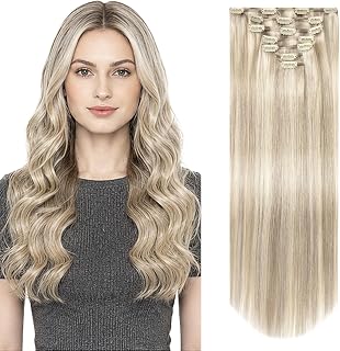 Clip in Extensions Real Human Hair, Remy Hair #P17A/60A 16 inch | 7Pcs 120g, Ash Blonde Highlighted Platinum Blonde Human Hair, Natural Shine, Soft Texture, Tangle-Free for Woman Daily Wear
