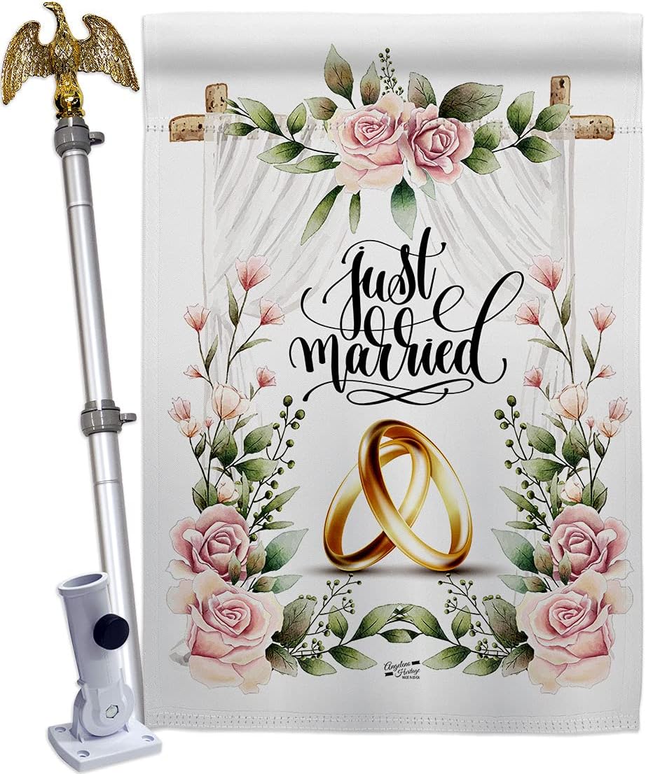 Wedding Rings Burlap House Flag Set Celebration Marriage Bride Groom Mr Mrs Occasion Anniversary Party Small Decorative Gift Yard Banner Double-Sided Made In USA 28 X 40