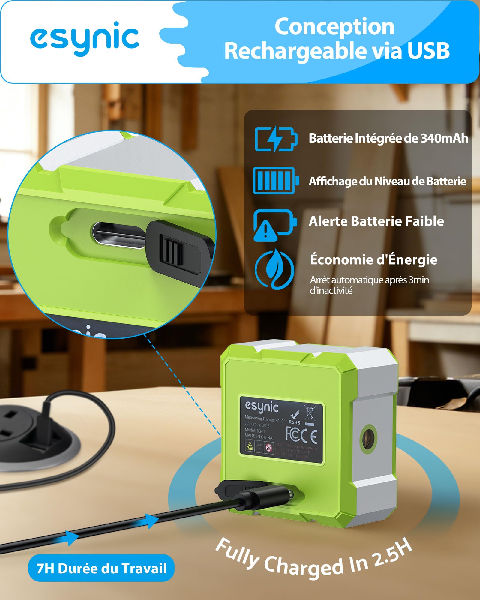 eSynic Inclinomètre Numérique avec Laser Vert 4 Faces Magnétiques Écran LCD VA Mesureur d'Angle Numérique 4*90° Réversible Réinitialisable Étanche IP54 Inclinomètre Magnétique pour Menuiserie Bâtiment