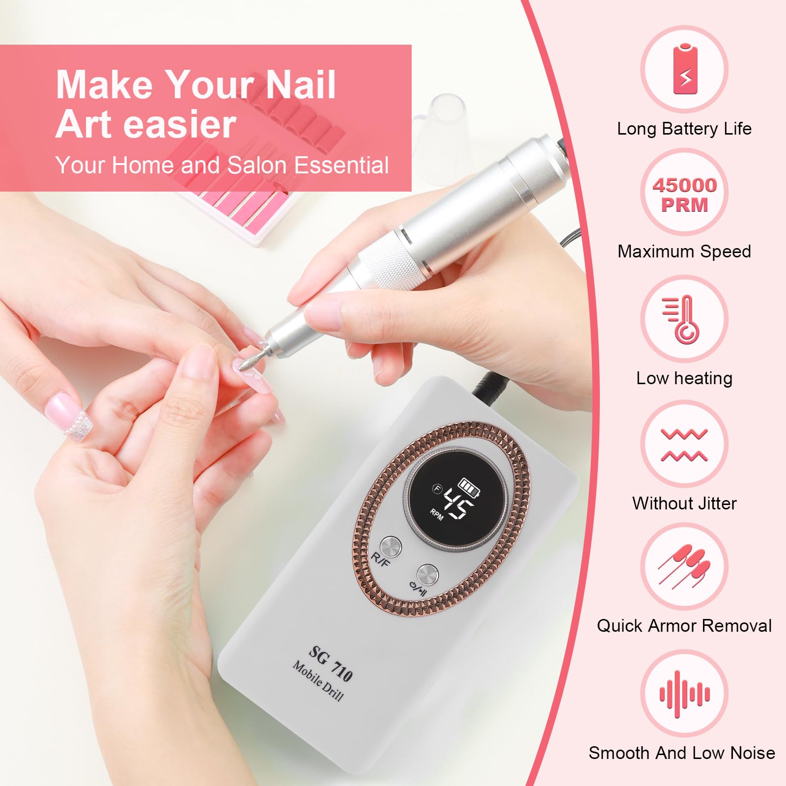 Taladro de uñas eléctrico de 45000 rpm, recargable, portátil, lima de uñas eléctrica con pantalla LCD inteligente para manicura de uñas de gel y pedicura, cuerpo reflectante, etc. (blanco)