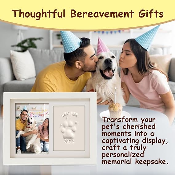 Pet Memorial Frame for Dogs and Cats,Pet Paw Print Photo Frame with Clay Imprint Kit,Pawprint Making Kit and Photo Display for 6 x 4 Photo, Perfect Pet Keepsake Gift for Pet Owner-White