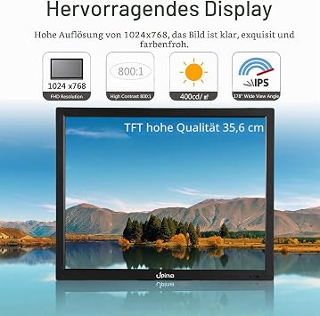 14 Inch Mobile Monitor Security Camera Surveillance Monitor with HDMI USB VGA BNC AV Multifunctional Input 1024 x 768 Display LCD PC Monitor Built-in Speaker