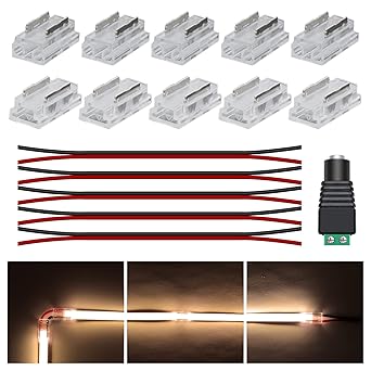 MALIGAZA 5mm COB LED Strip Fast Connector, Non-Wired Solderless Connection Corner Connector for 5mm Width PCB, 10pcs Connector + 5pcs Wire + 1pcs DC Connector (for 2Pin 5mm(0.2in) PCB)?