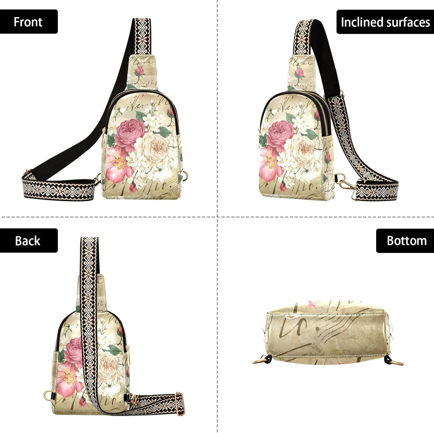 Vintage Rose Floral Leather Crossbody Sling Bag for Women - Chest & Waist Pack
