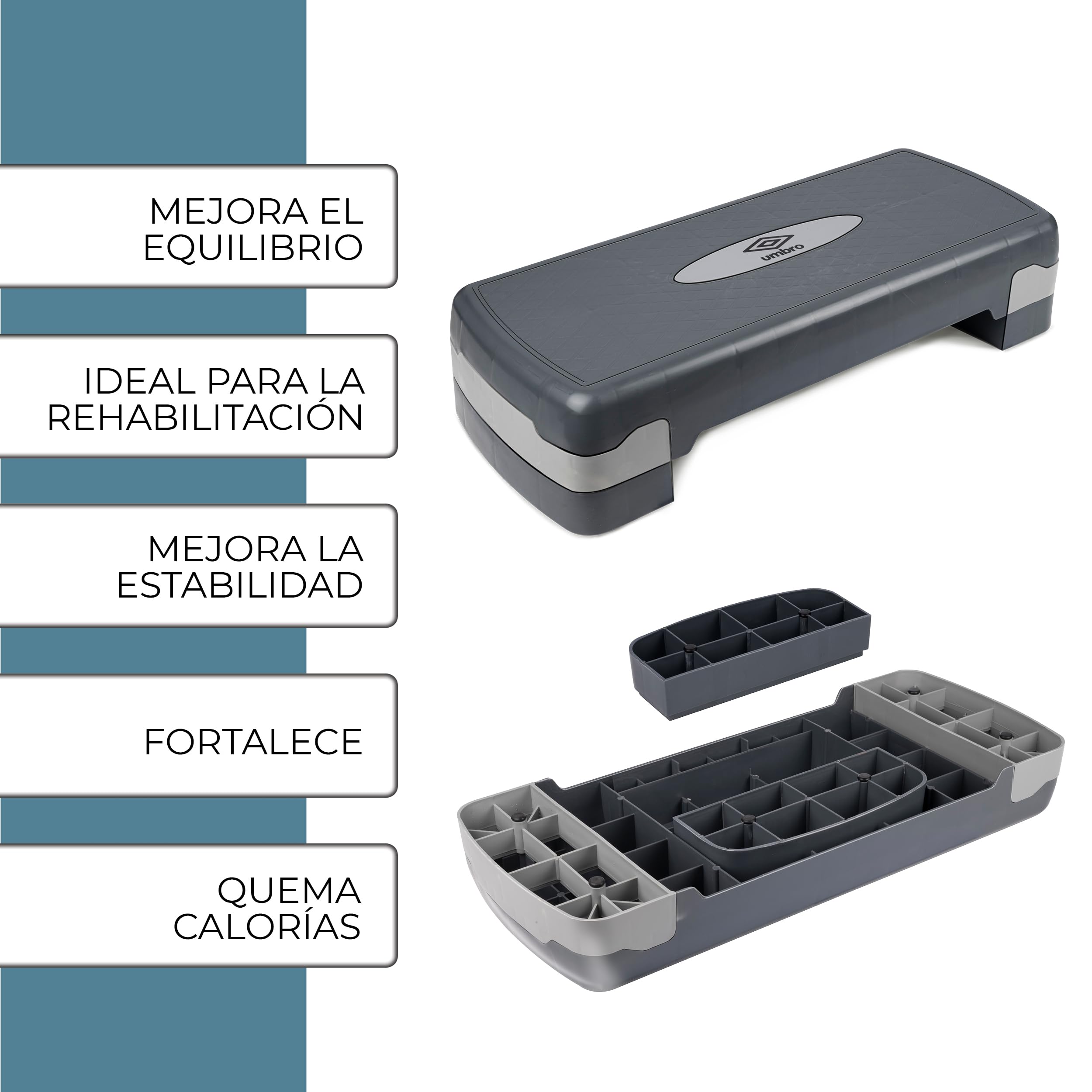 Umbro Steps Fitness - Gimnasio en Casa Stepper Ajustable en Altura de 10-15 cm - Step con Capa Antideslizante - Media Plataforma - Plataforma Aeróbica - Gris