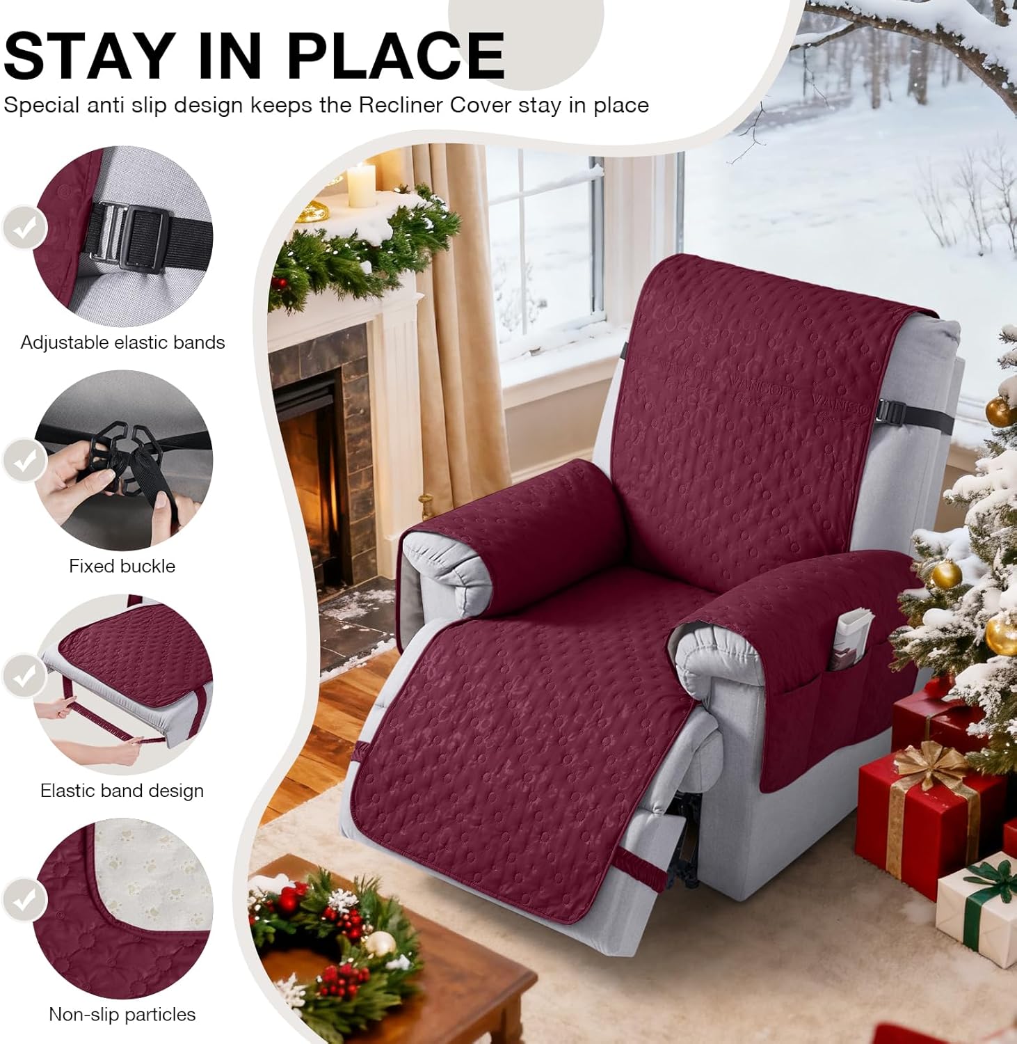 VANSOFY 100% Waterproof Recliner Chair Cover, Recliner Cover with Non-Slip Granule, Washable Reclining Chair with Pocket Furniture Protector for Kids, Pets(Burgundy, 23")
