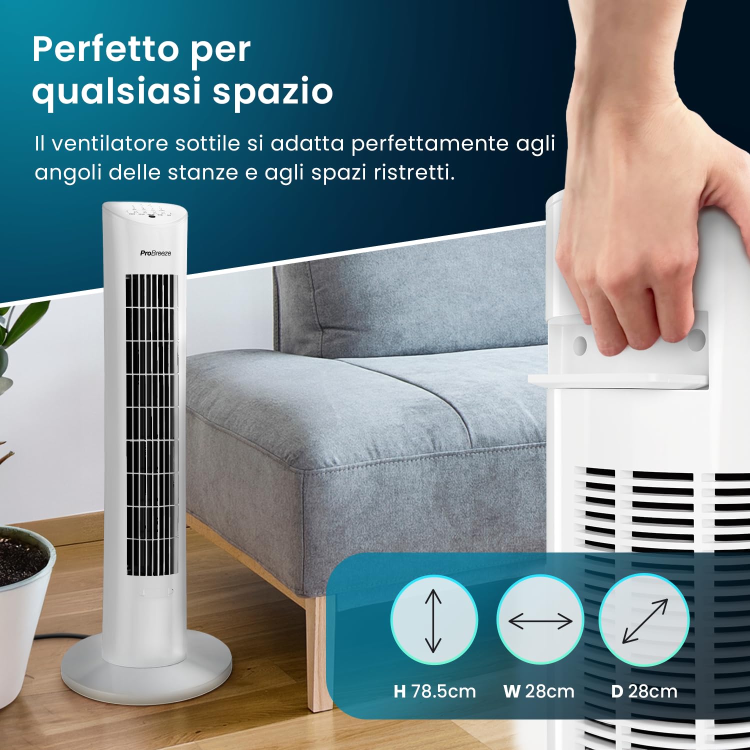 Pro Breeze Ventilatore a Torre Oscillante - 60W Con Timer 7,5 ore e Telecomando - Oscillazione a 70° Gradi e 3 Modalita di Raffreddamento- Altezza 79 cm