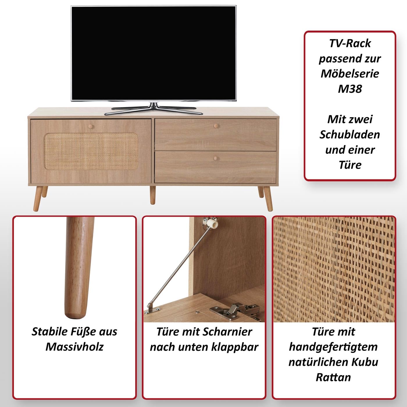 Meuble TV HWC-M38 Kubu rotin Bois 56x140x41cm Aspect chêne