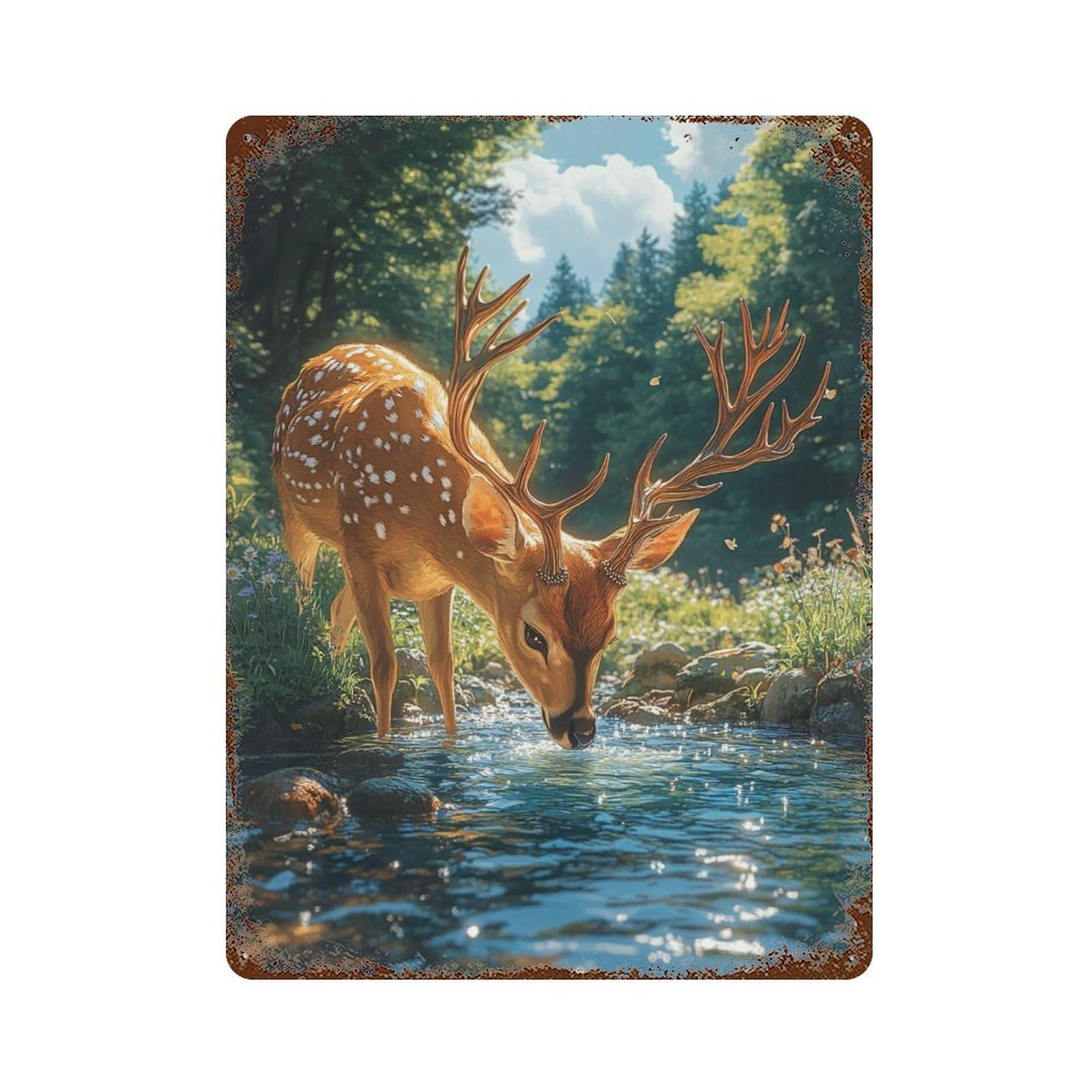 Deer Drinking Water in Forest-1 Distressed Metal Wall Sign 15.7"x11.8", Shabby Chic Decor for Garage, Pub Or Kitchen