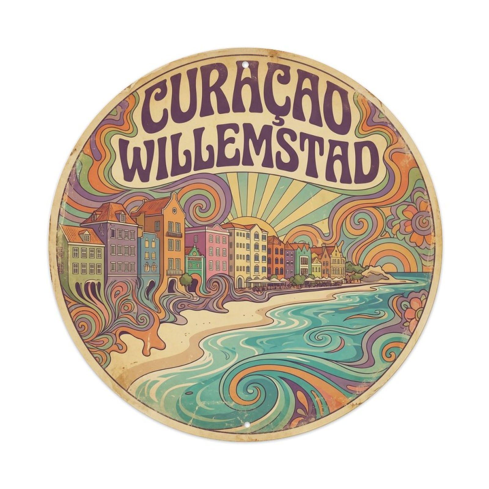 Olyhtr 8X8inch Classic Style Curacao Willemstad Lagoon Travel Bold Psychedelic Metal Tin Sign