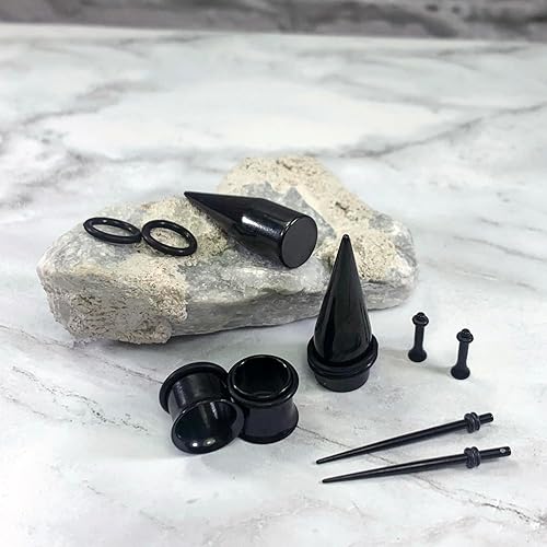 Miniatura 29 de BodyJ4You kit de 37 piezas de diferente calibre para dilatar perforaciones de oreja, aceite de jojoba, 14G-00G, acero quirúrgico Negro