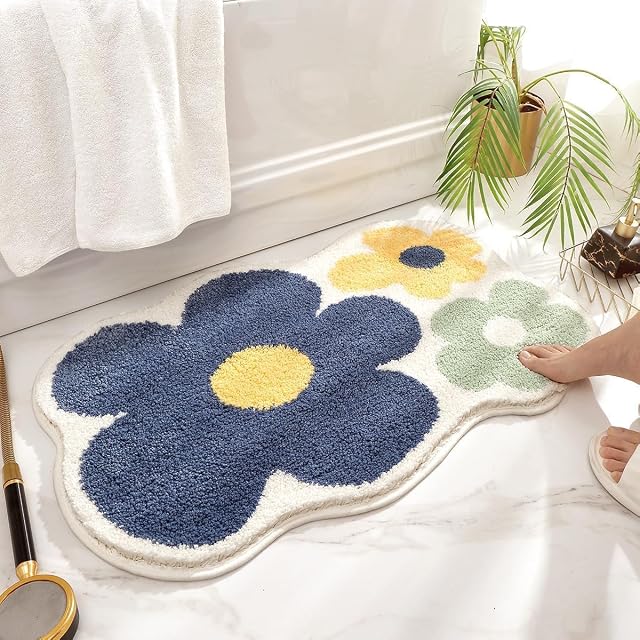 Rug de salle de bain de fleur Super absorbant et épais Microfibre non glissoire tapis de bain machine lavable et Shaggy tapis de bains pour salle de bains, chambre et salon (24"x16", jaune)