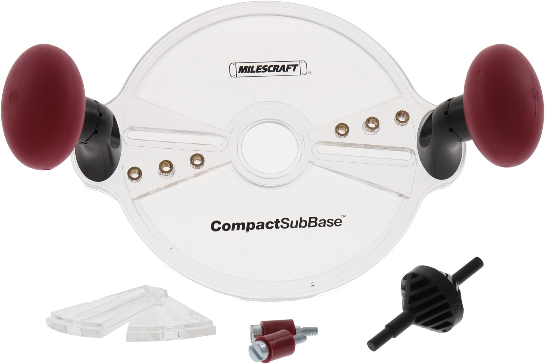 Milescraft 1225 CompactSubBase - Adjustable Universal Router Base Plate with Rotational Handles Compatible with all Trim and Compact Routers - Clear Design - Includes Centering & Mortise Pins