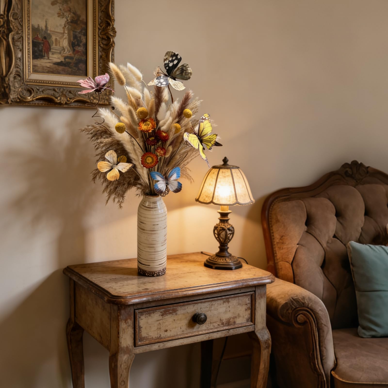 Trockenblumenstrauß: Pampasgras Boho-Dekor, westliches Blumenarrangement enthält Hasenschwanz, Schilfgras und Schmetterlinge für Zuhause, Vase, stimmungsvolles Büro, Hochzeit, Schlafzimmer
