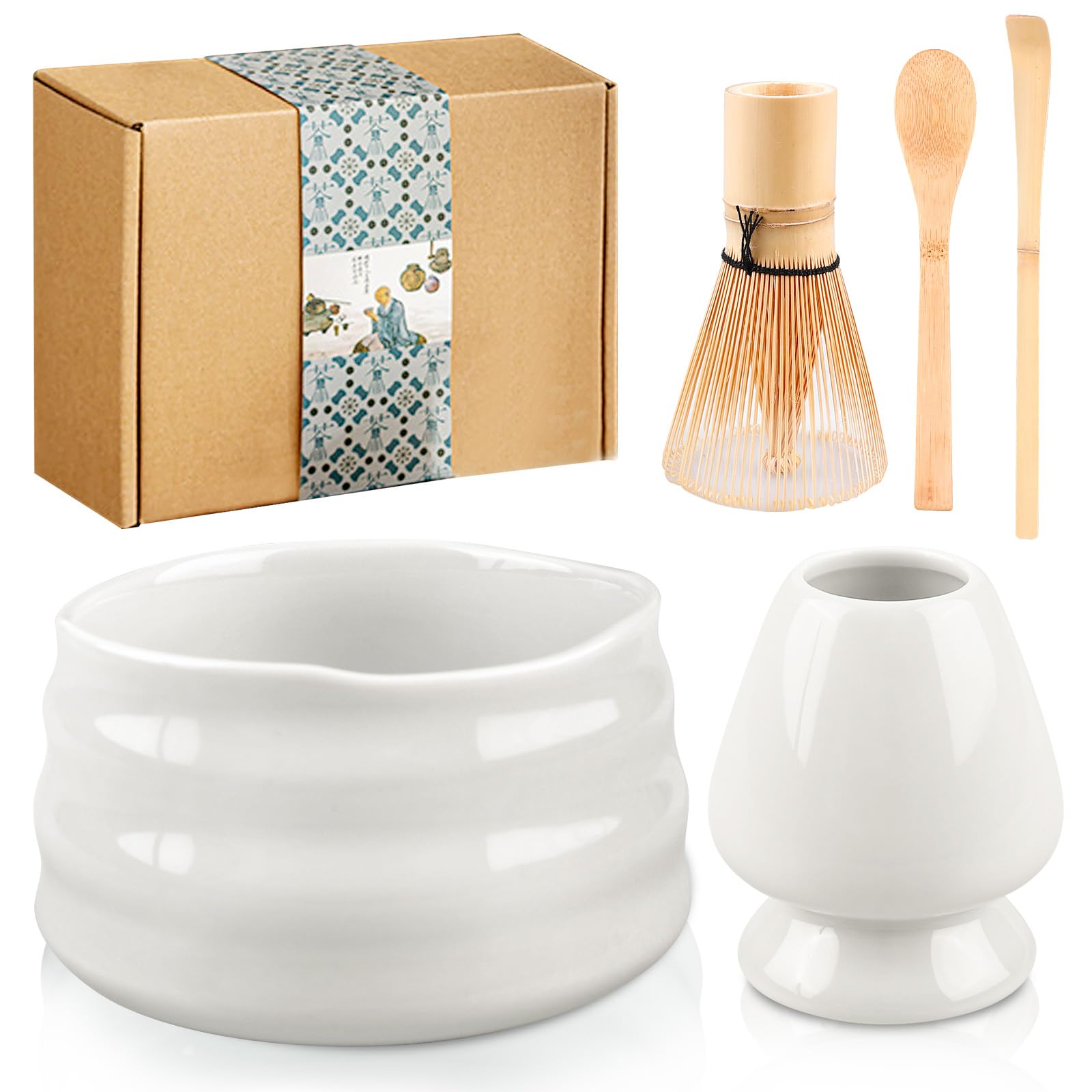 Marce Matcha-Set Aus Bambus & Keramik – Inkl. Schneebesen, Schüssel Mit Ausgießer, Sieb, Halter & Schaufel, Perfekt Für Traditionellen Matcha-Tee