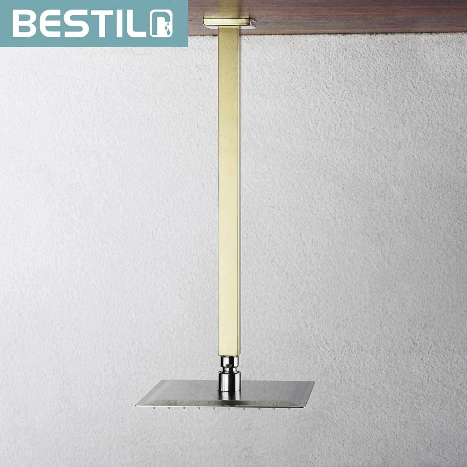 BESTILL 16 Inch Brushed Gold Ceiling Mount Shower Arm and Flange, Square Rain Shower Head Arm