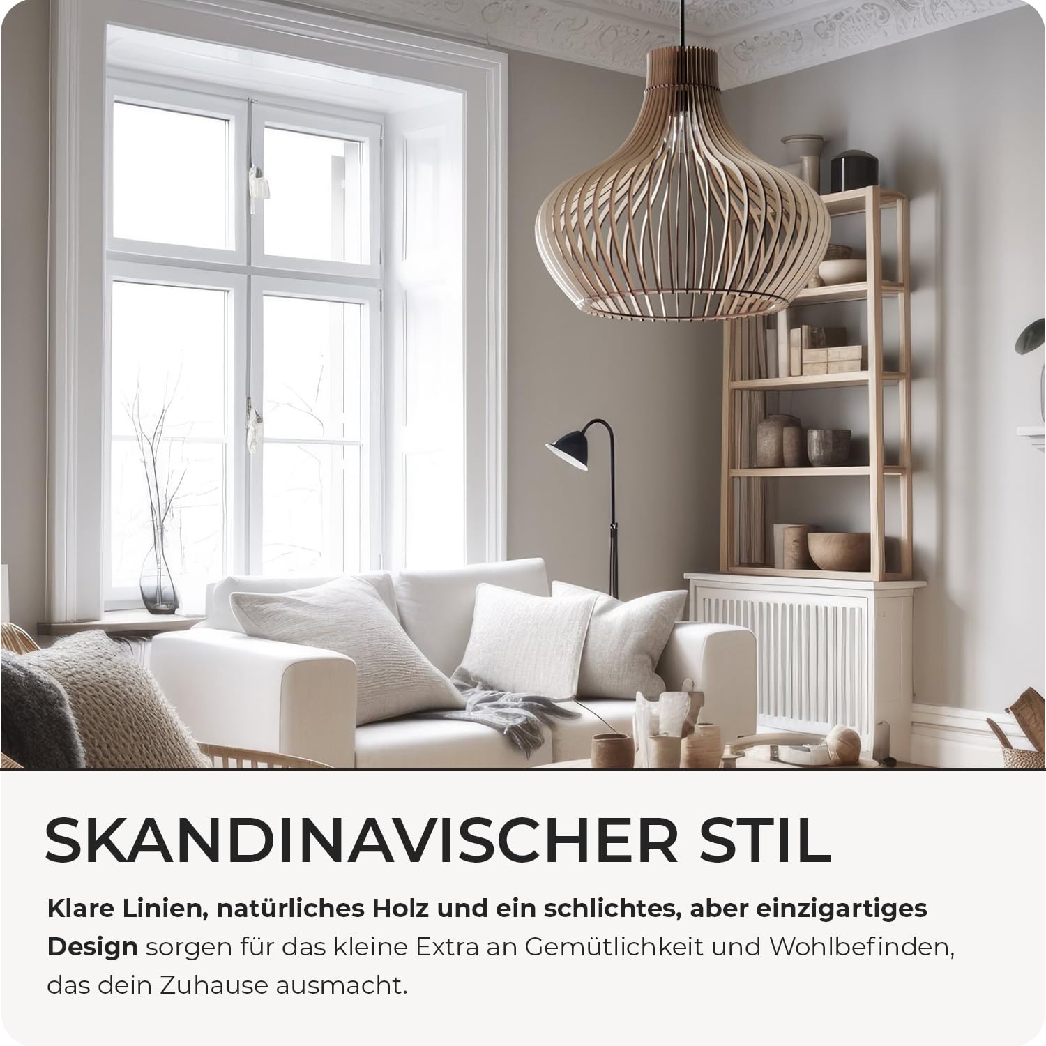 Pendelleuchte Holz „Iduna“, skandinavische Hängelampe Esstisch + Wohnzimmer, Boho Hängeleuchte höhenverstellbar + dimmbar mit E27 Fassung (HxD 50x55 cm, Iduna)
