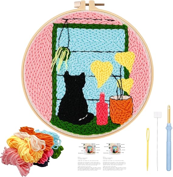 JSRQT Punch Needle Kit with Cat Pattern Needle Punch Starter Kits for