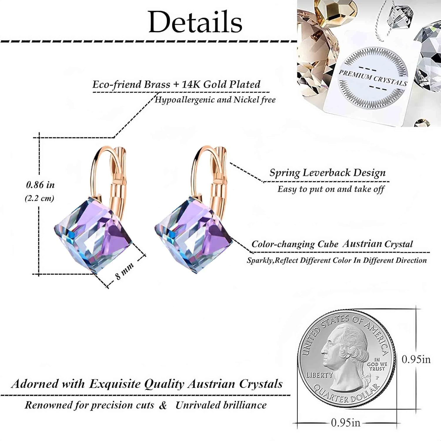 Cube Austrian Crystal Drop Leverback Earrings for Women Fashion 14K Rose Gold Plated Hypoallergenic Jewelry - Image 4