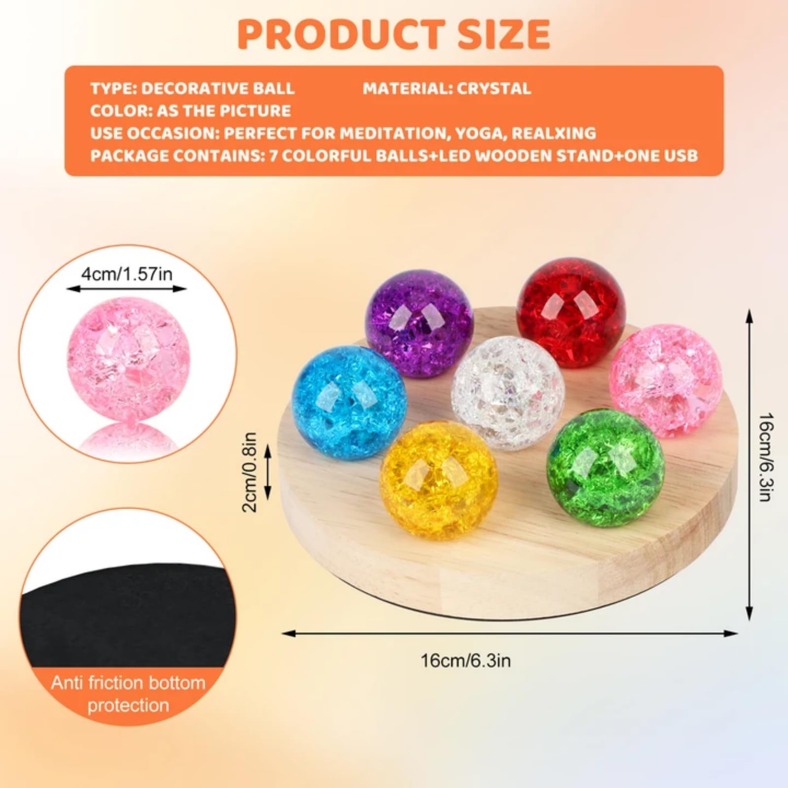 7 kolorowych szklanych kryształowych kul z lampą LED drewniany stojak, naturalne czakry kule nocne światło, obsługa USB, nowoczesny element dekoracyjny do salonu, 17,27 × 17,27 × 6 cm