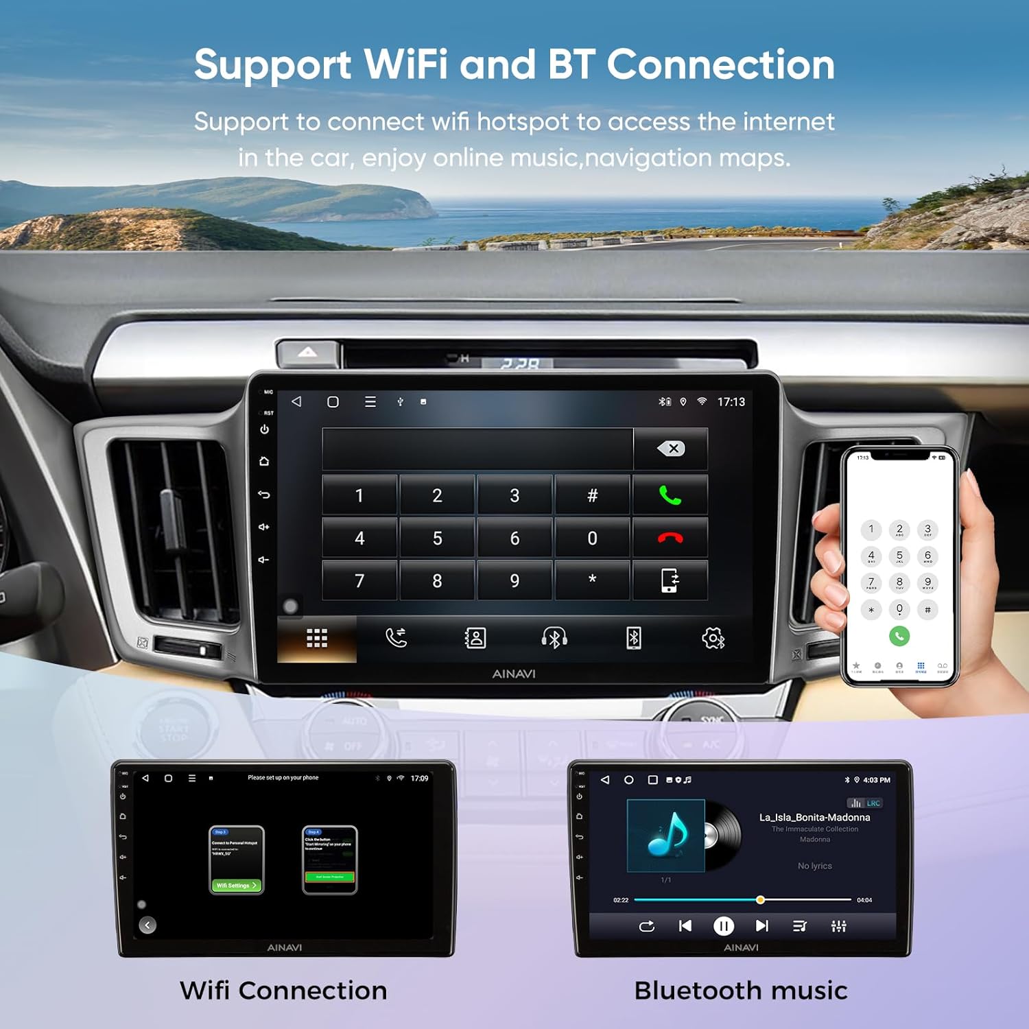 AINAVI car stereo displaying a GPS navigation map with route information
