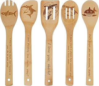 5PCS Shark Wooden Cooking Spoons Set Shark Gifts for Women Kitchen Decor Bamboo Cooking Utensil Spoons for Housewarming Wedding Anniversary Thanksgiving Christmas Gifts Mom Women
