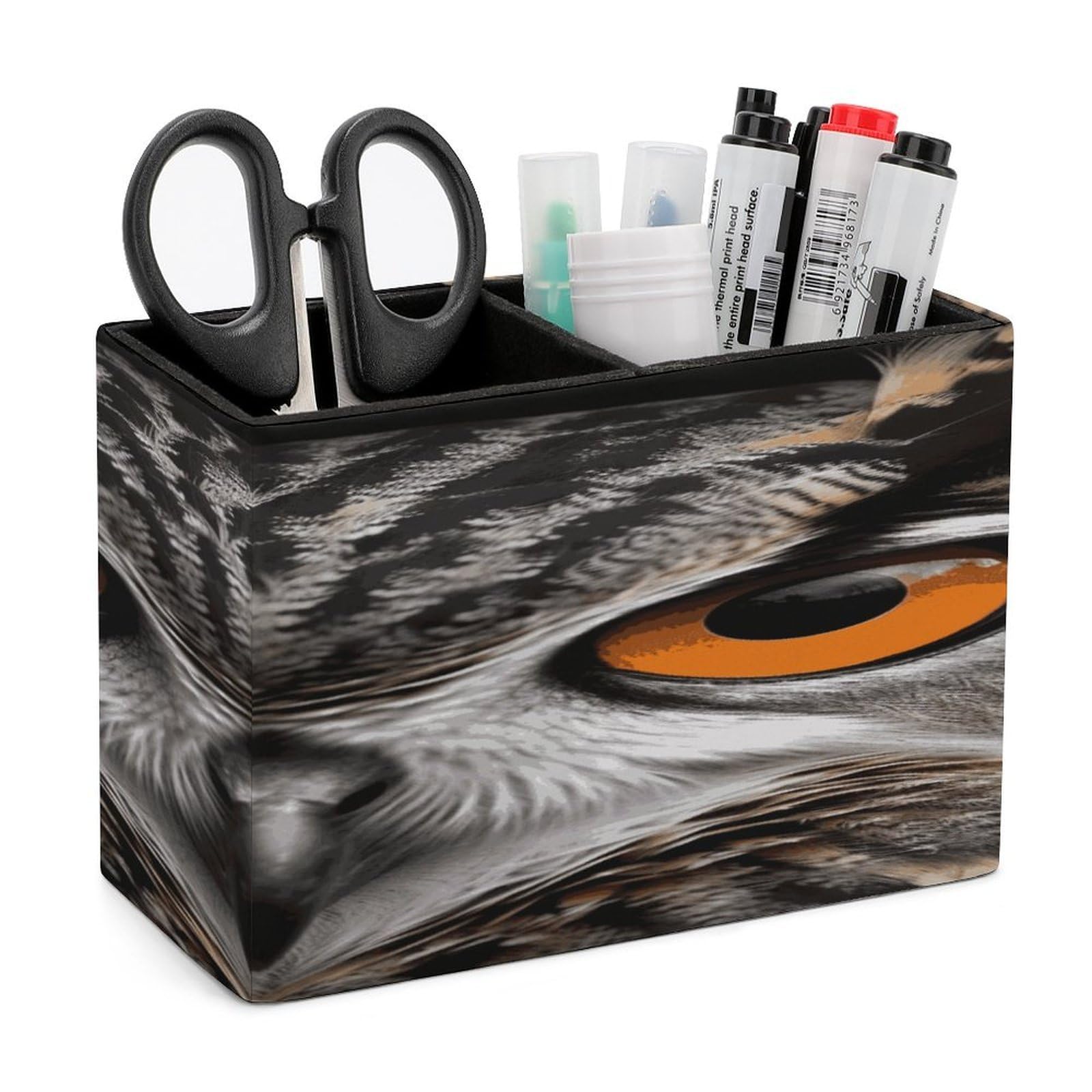 FekiLoot PU Leather Owl Eyes Pen Holder for Desk 2 Compartments Desktop Stationary Organizer Rectangle Table Pencil Cup Stand Desktop Stationery Organizer Case for Office Home