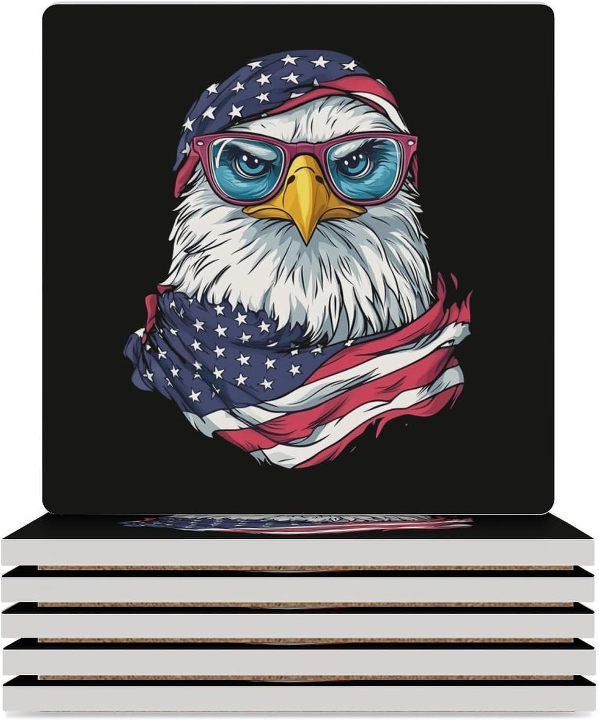 USA Flag Bald Ea-gle Coasters for Drinks Square Ceramic Coasters Cup Mats with Cork Base