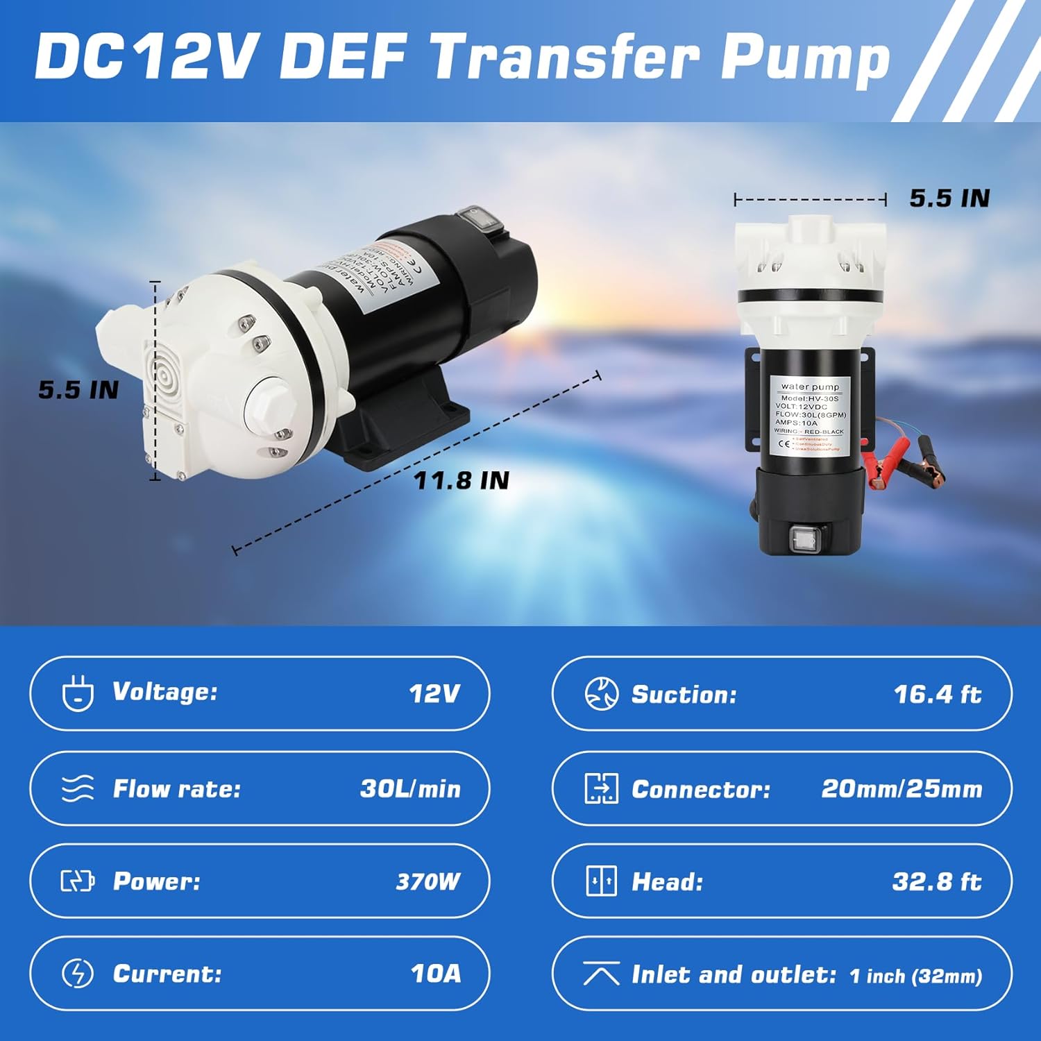 12V DC Self-Priming DEF Transfer Pump, Electrical Diaphragm Pump for Diesel Exhaust Fluid, 12V DEF Transfer Pump 10.6 GPM Flow, 23 PSI Pressure, 32ft Lift