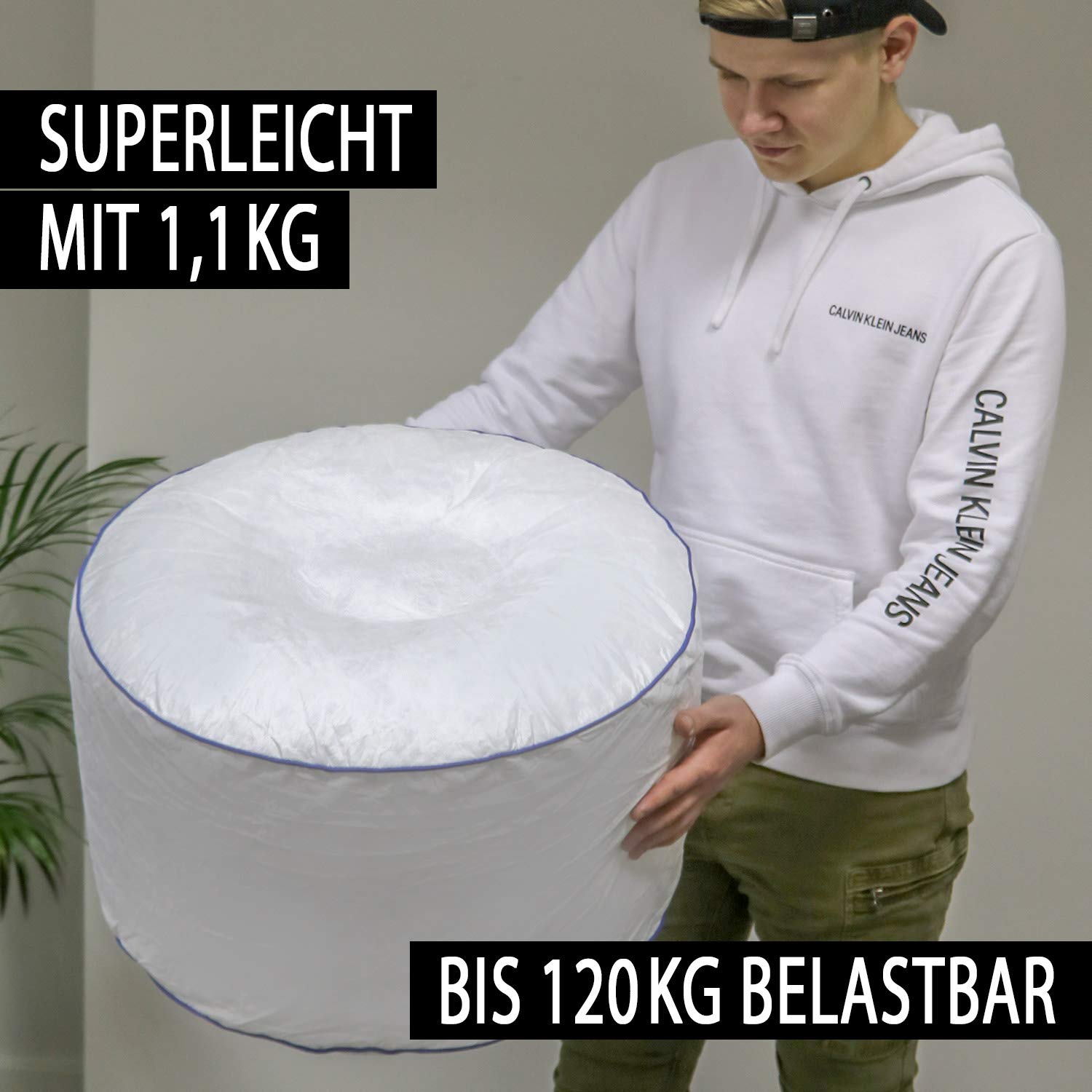 Tronje Taburete LED inflable Ø60cm Puff 120kg Cambio de Color Reposapiés para Exteriores Blanco