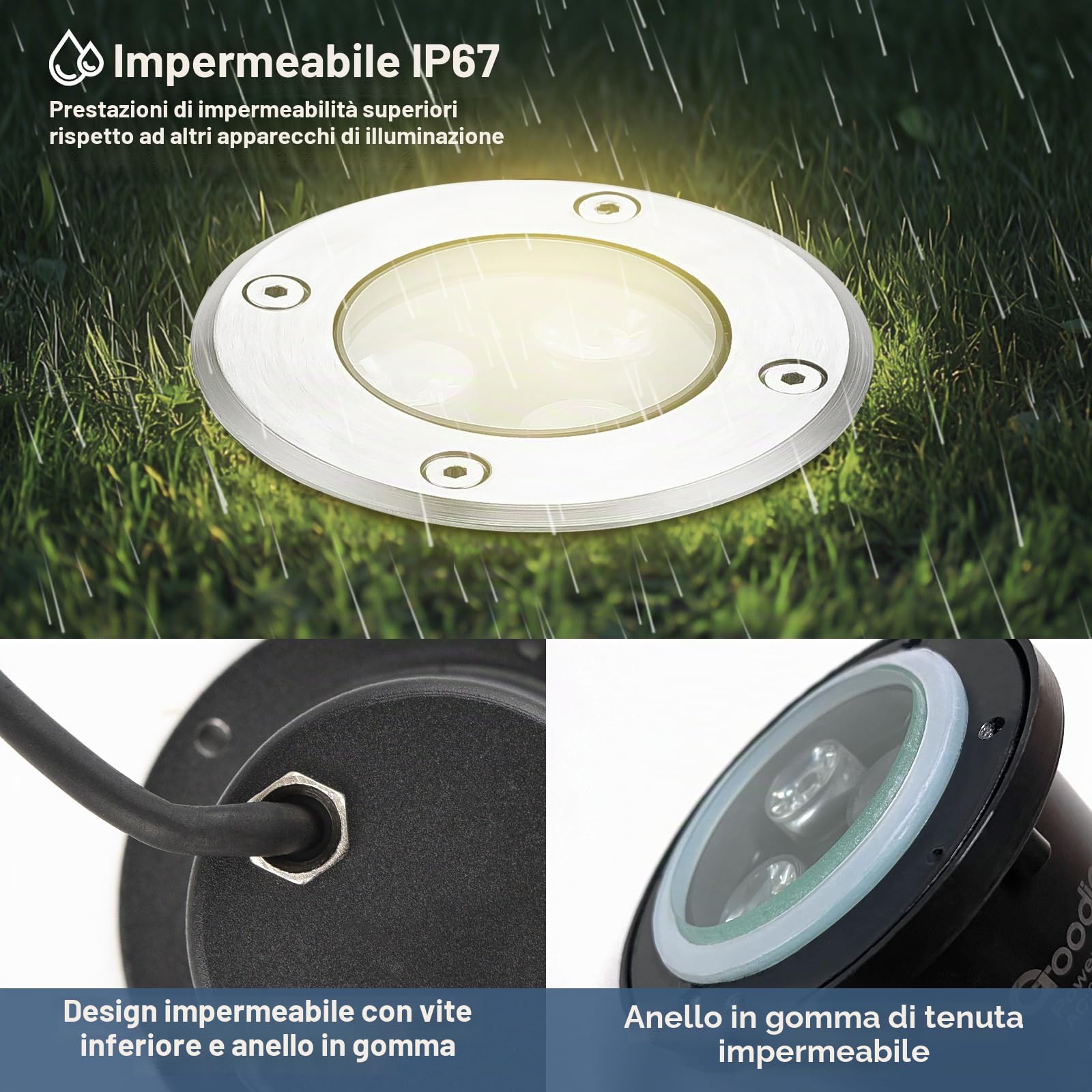 Faretti a LEDda incasso a terra, 3 W, 230 V CA, classe IP65, 270 lumen, per esterni, luce bianca calda, 4 pezzi