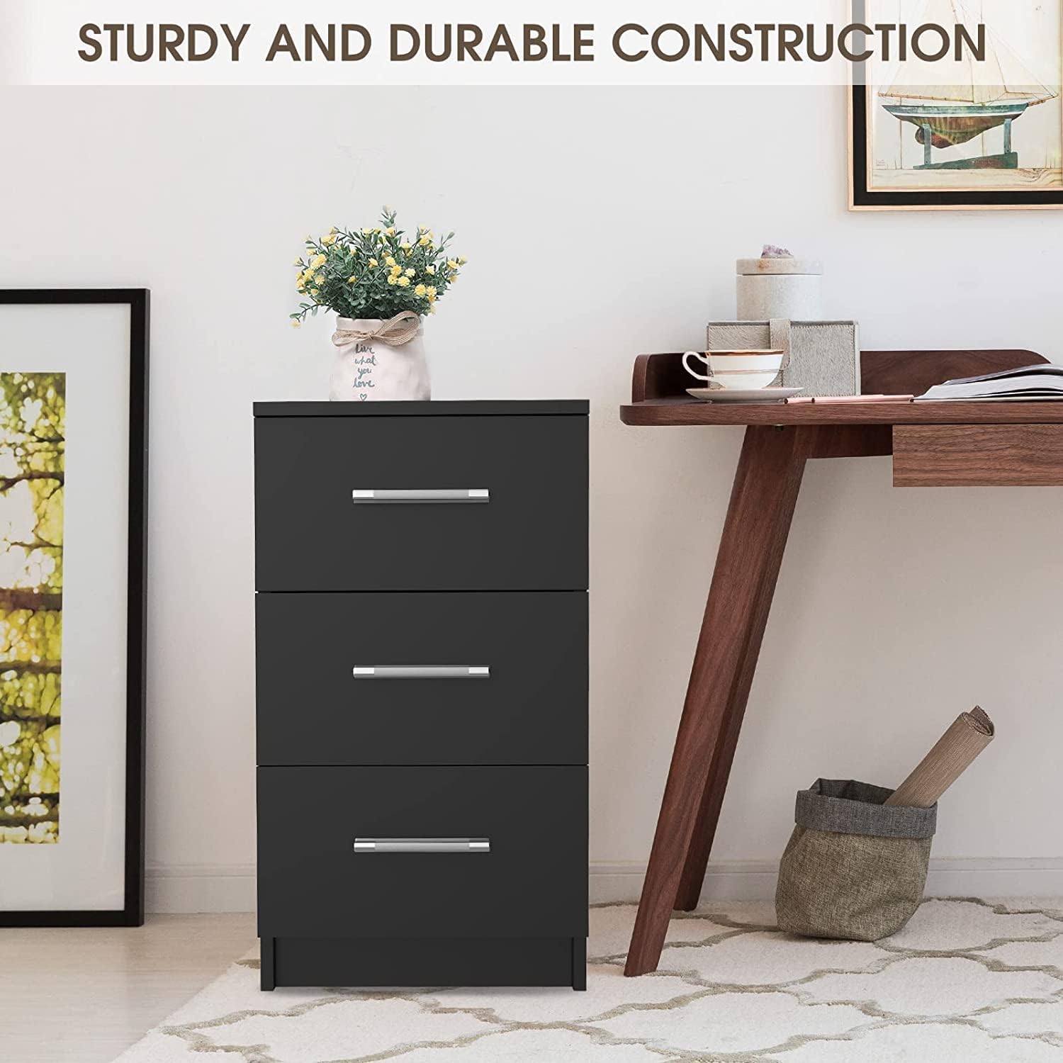 ADVWIN Black Bedside Table in a bedroom setting