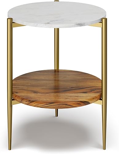 SIMPLIHOME Wagner Mid Century - Mesa auxiliar redonda de metal de 18 pulgadas de ancho con diseño de mármol y madera en madera maciza de acacia