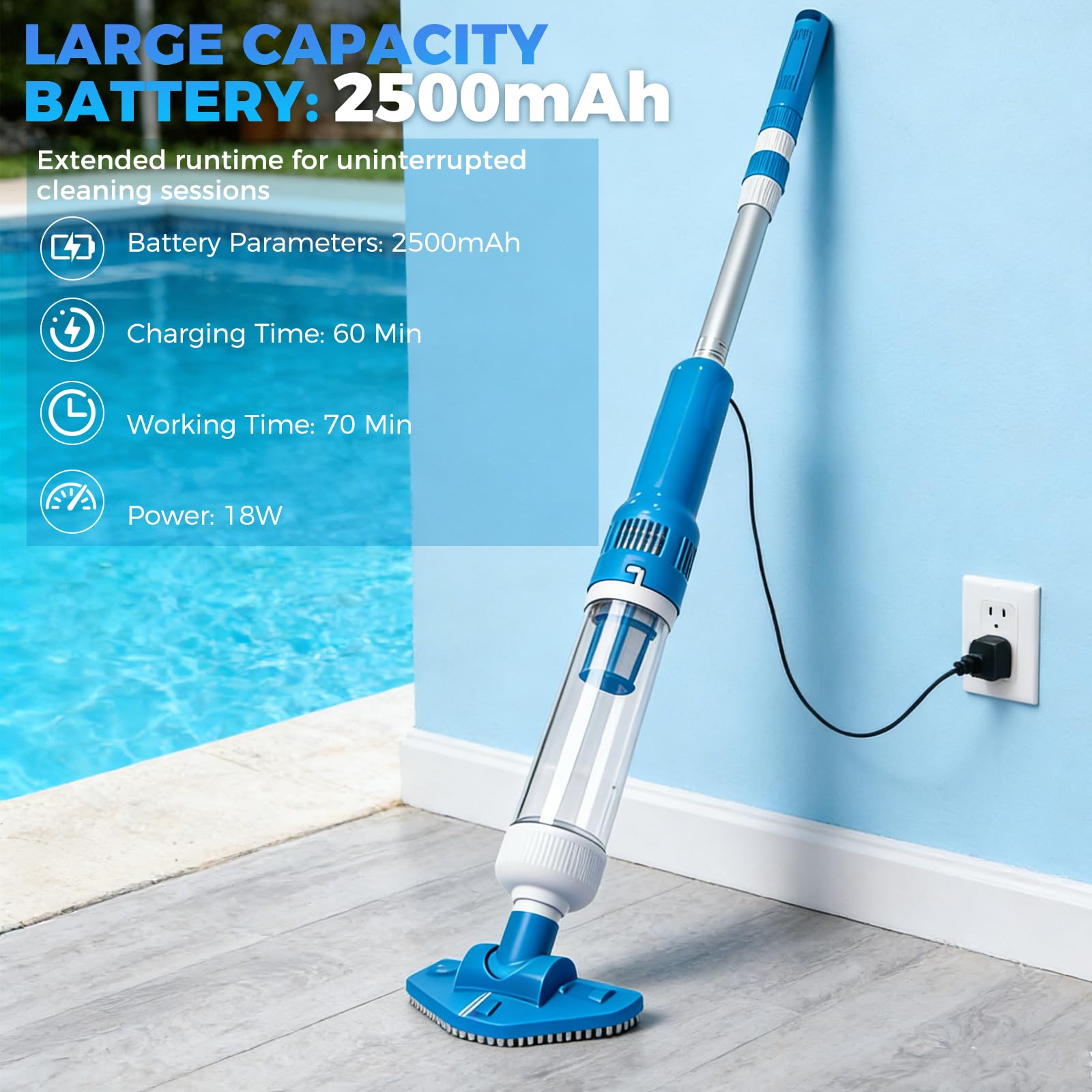 Aspirateur de Piscine sans Fil, 3 en 1 Nettoyeur Électrique à Batterie Rechargeable, Autonomie 70 Min, Aspirateur Piscine pour Spa, Bain à Remous, Piscine Hors-Sol et Enterrée, Bleu