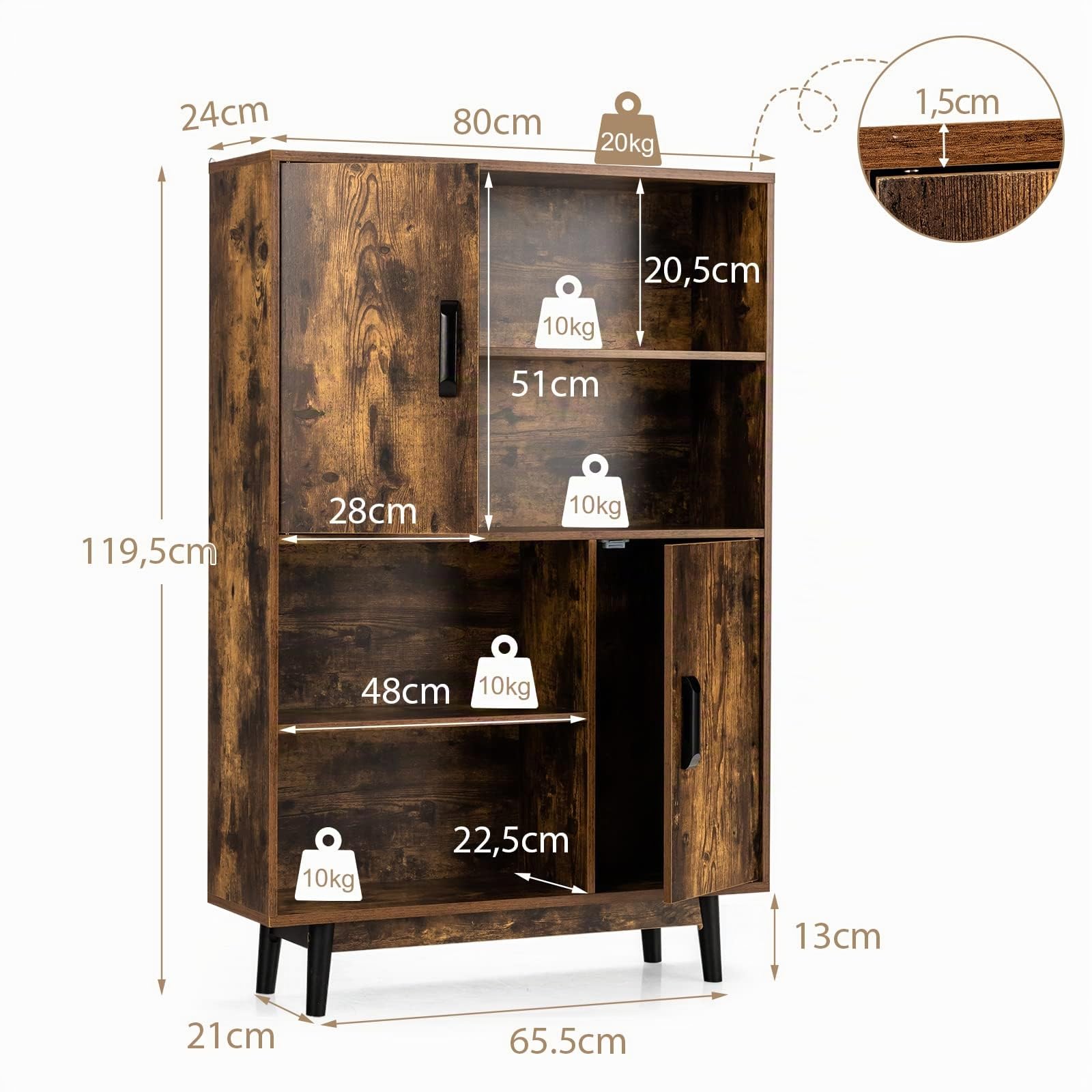 KOMFOTTEU Librería de Madera, Estantería de Libros con 2 Armarios con Puerta y 4 Estantes Abiertos, Mueble Almacenaje con Dispositivo Antivuelco para Salón, Estudio, 80 x 24 x 119,5 cm (Industrial)